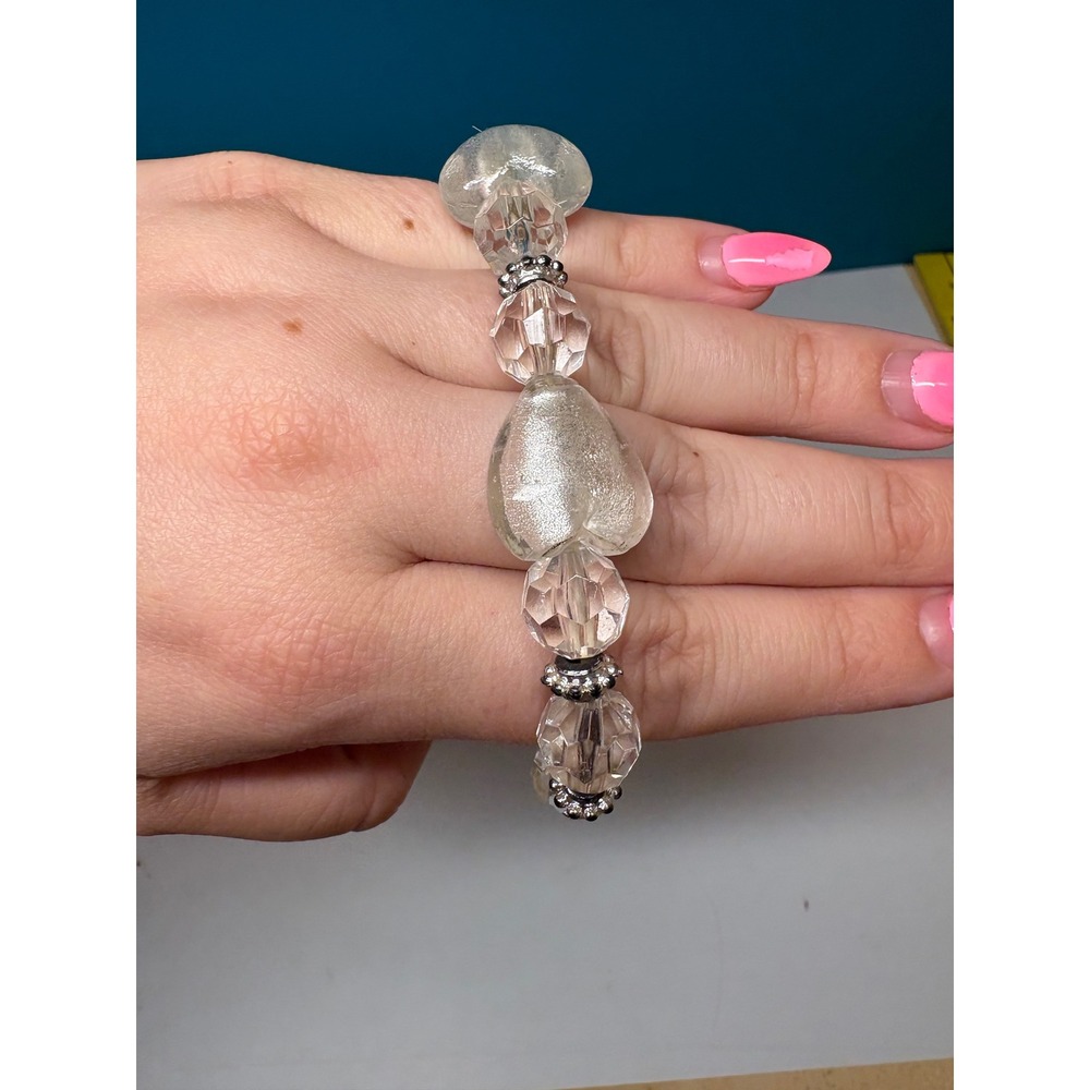 Clear Glass Heart Beaded Stretch Bracelet Frosted Faceted Crystal Style J203